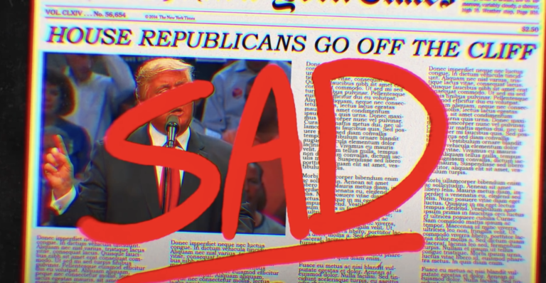Music video screen shot of front page of The New York Times newspaper with a photo and headline about Donald Trump.