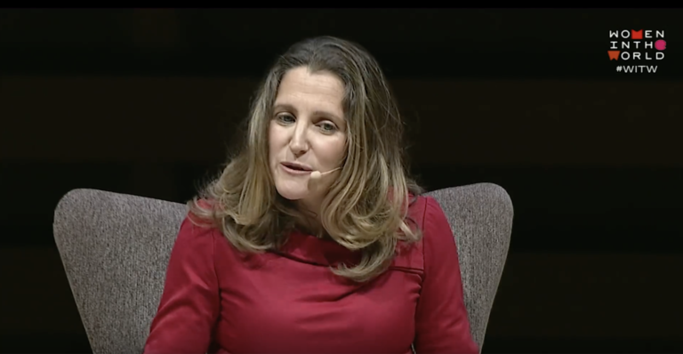 Chrystia Freeland attended a panel discussion titled “Taking on the Tyrant” at the Women in the World summit in Toronto on September 10th