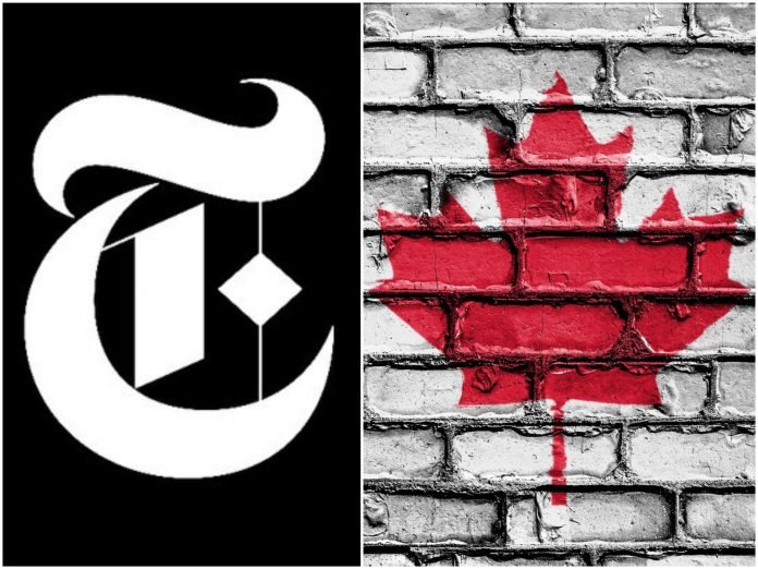 logo of the New York times beside a maple leave on a brick wall