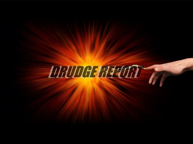 Drudge Report logo emerging from and explosion from a magical hand shooting electricity