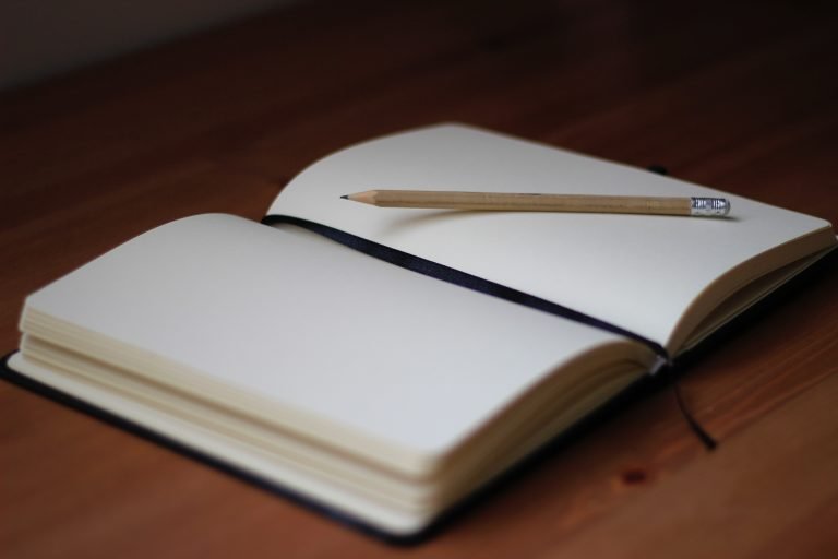 An open note book on a black page with a pencil.